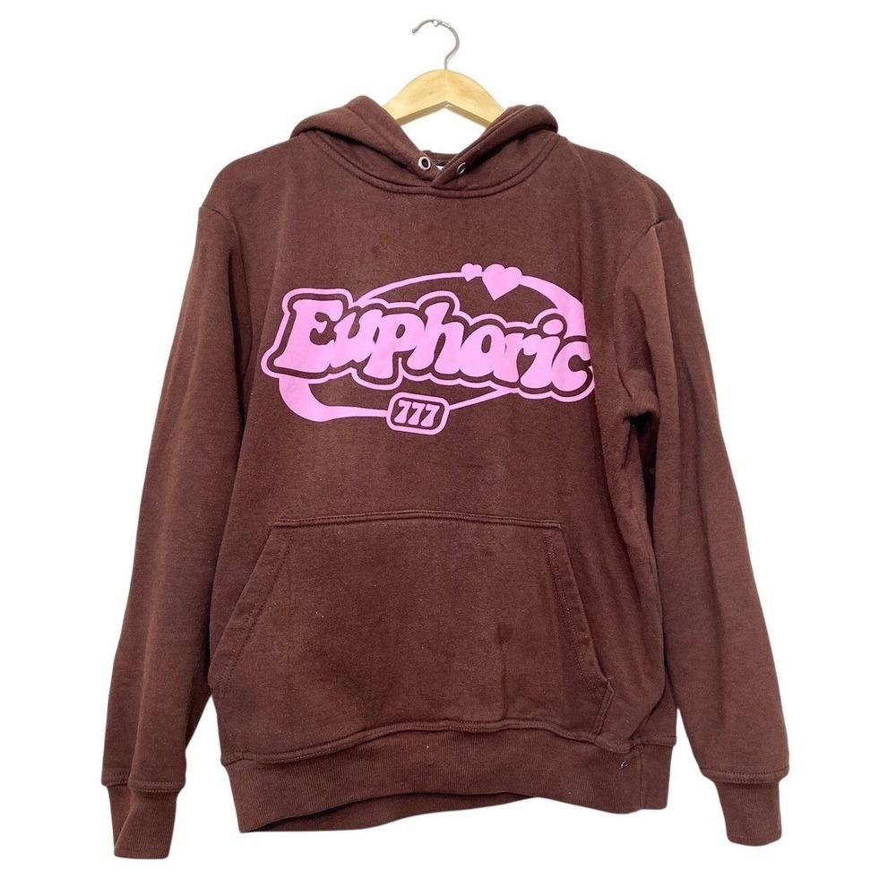 Euphoric 777‎ Brown Hoodie Are You Really Happy Graphic Sweatshirt Mens Medium